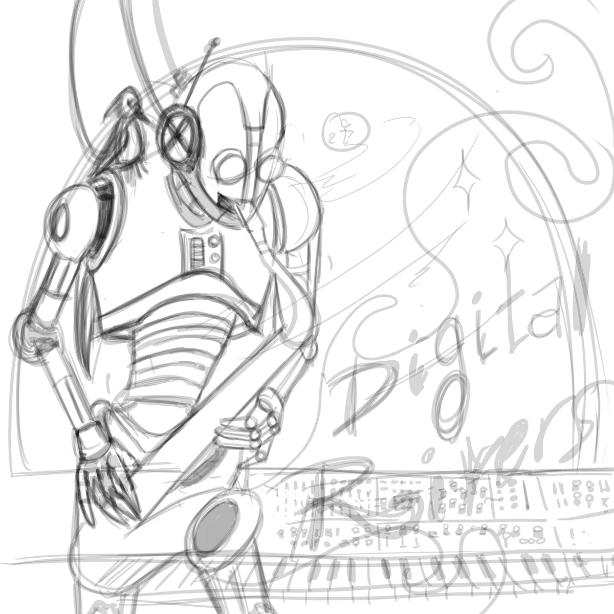 Sketch of the robot saxophonist against a synthesizer wall